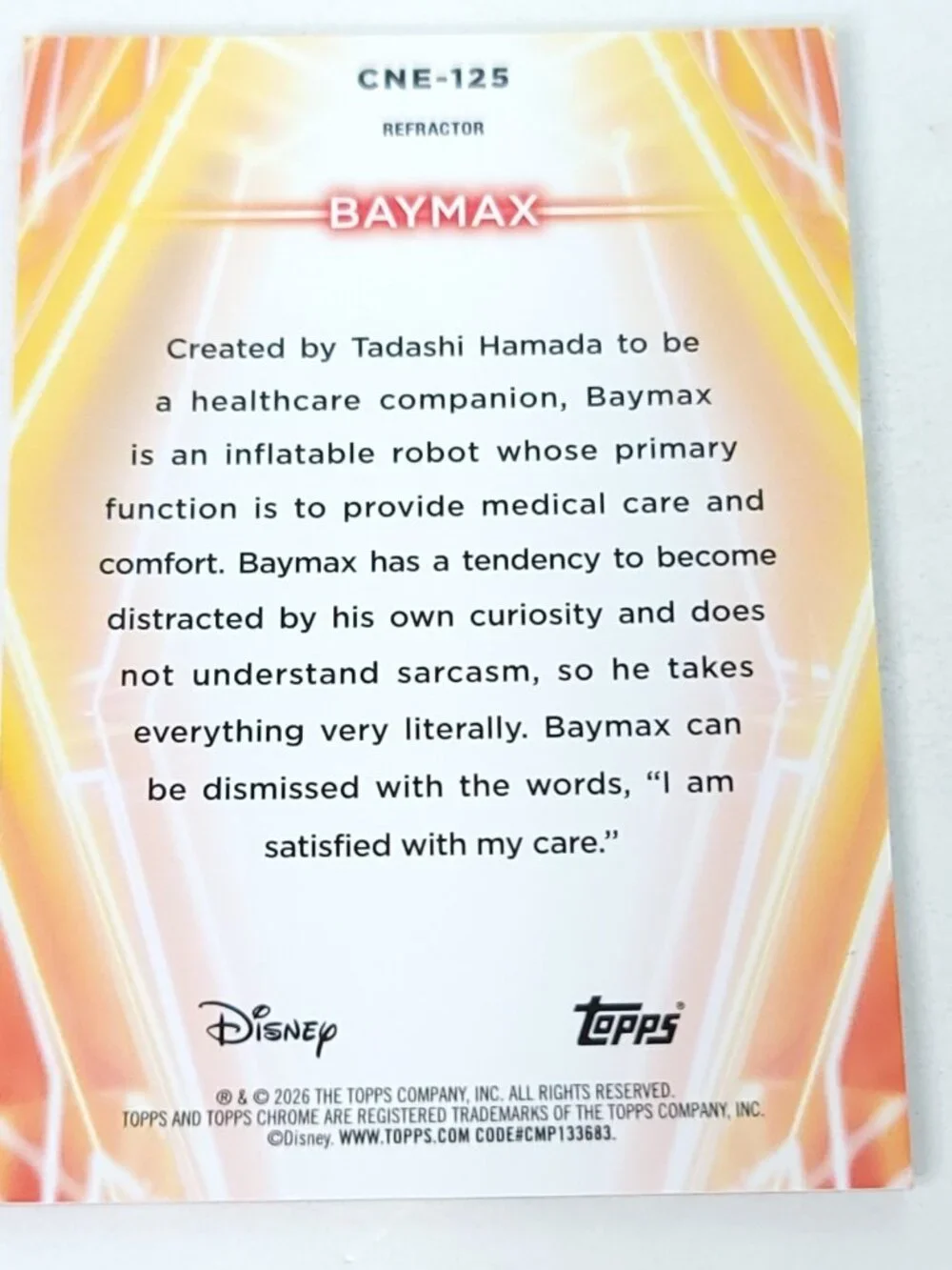 Baymax Topps 2026 Disney Neon Holo Chrome Refractor Limited 067/199 CNE